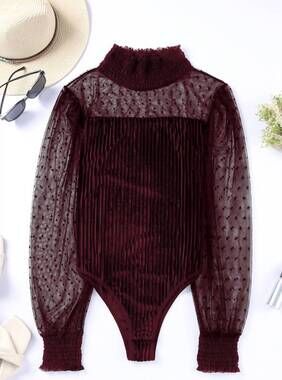 NEW PRETTY BASH women's sheer dotty long sleeve velvet bodysuit in burgundy